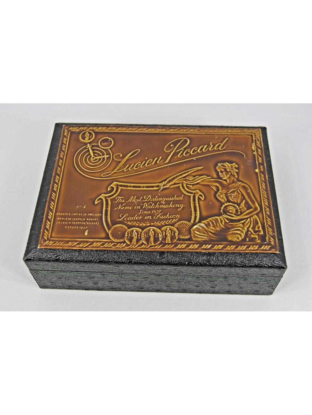 Vintage Lucien Piccard Watch Jewelry Box Case Only Metal Repousse Logo Top